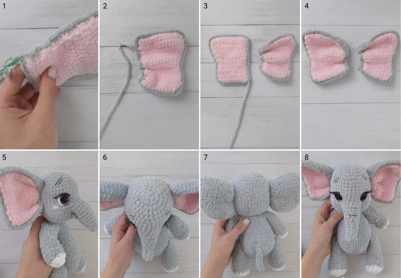 Crochet elephant ear panels and finished ear attachment steps