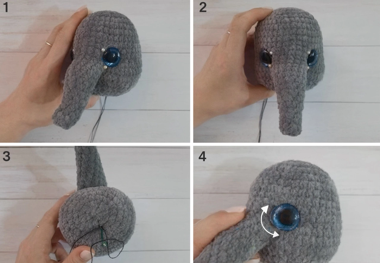 Crochet elephant head and trunk assembly steps with safety-eye placement