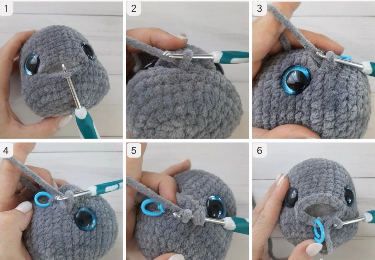 Crochet elephant head pattern steps showing the trunk opening and shaping