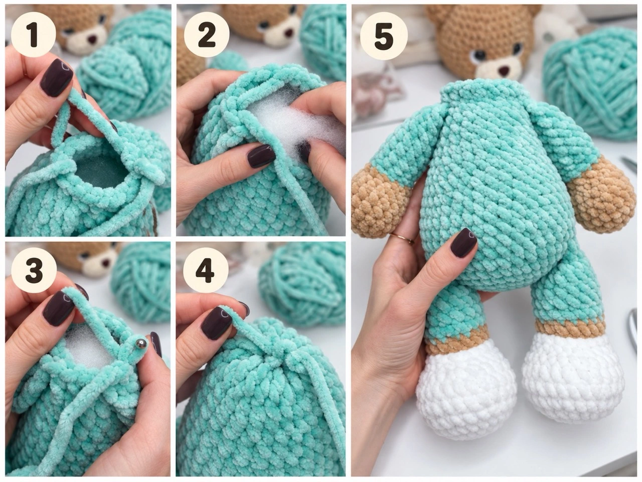 Crocheted teddy bear body with legs and arms joined