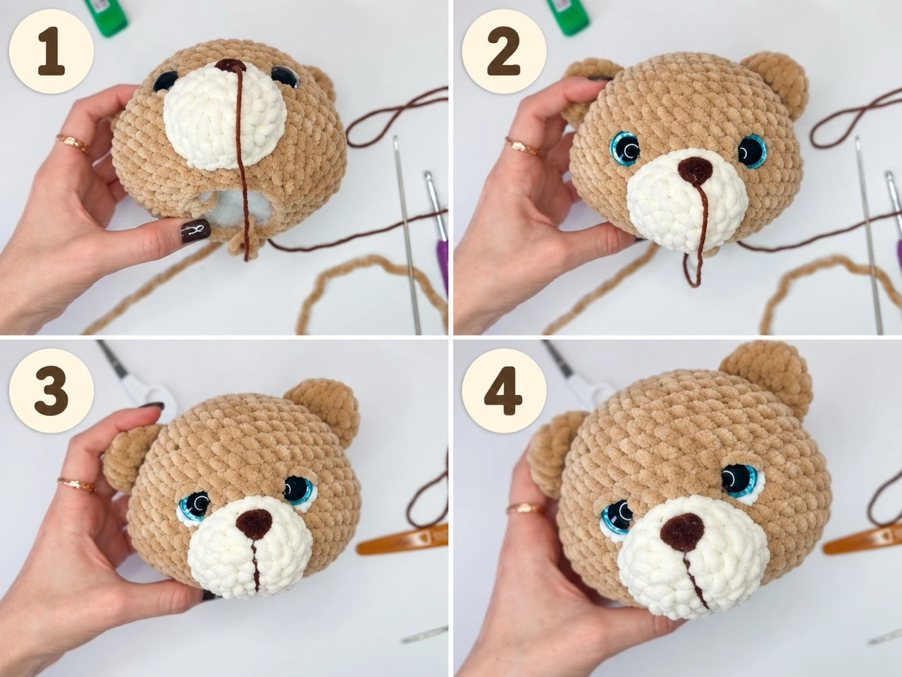 Crochet teddy bear face with ears, snout, and embroidered details