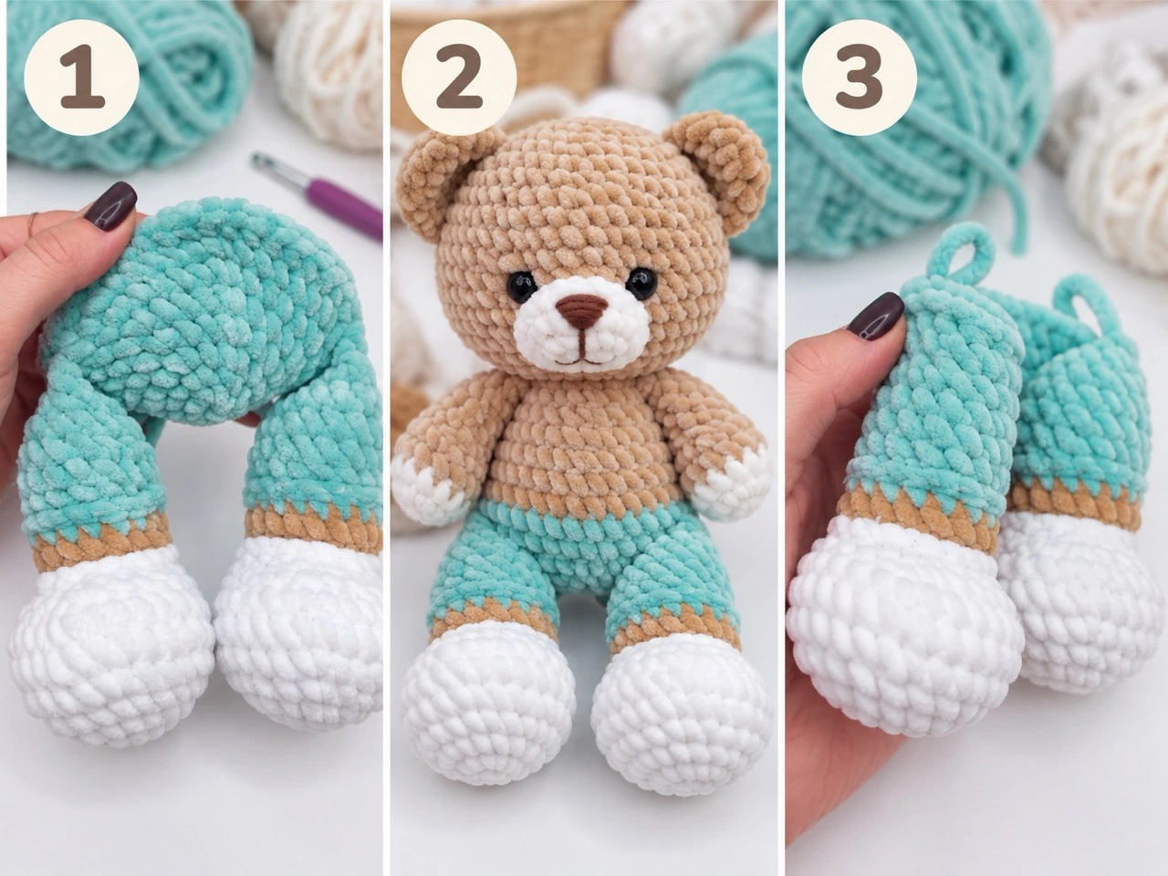 Crocheted teddy bear legs before joining to the body