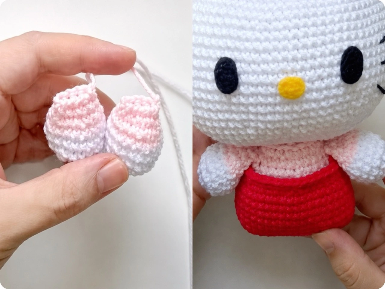 Two photo panels show the finished pink-and-white arms and the arms sewn two rounds below the head seam on the doll.